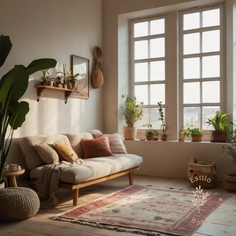 A stylish, minimalist small space with combined bohemian textures.