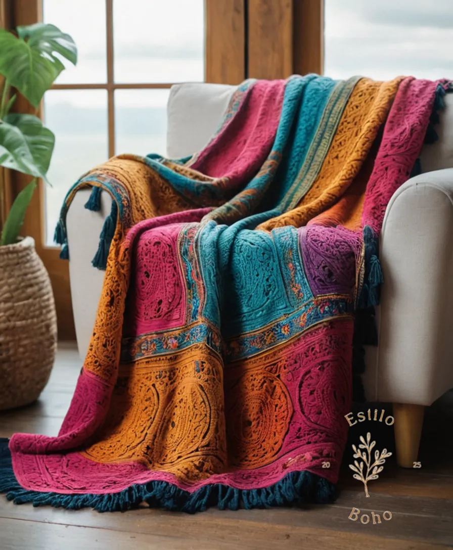A colorful, unique bohemian throw blanket.