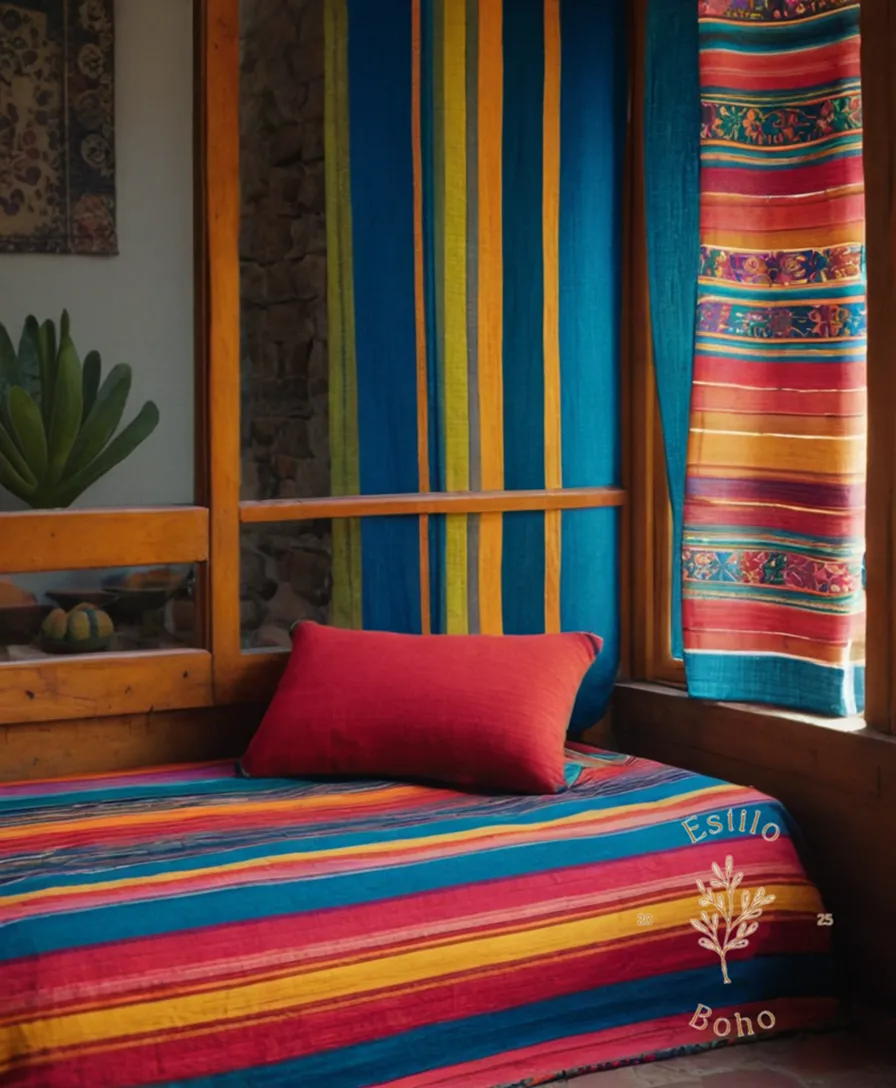 A colorful, laid-back Mexican textile on a home decor setting.