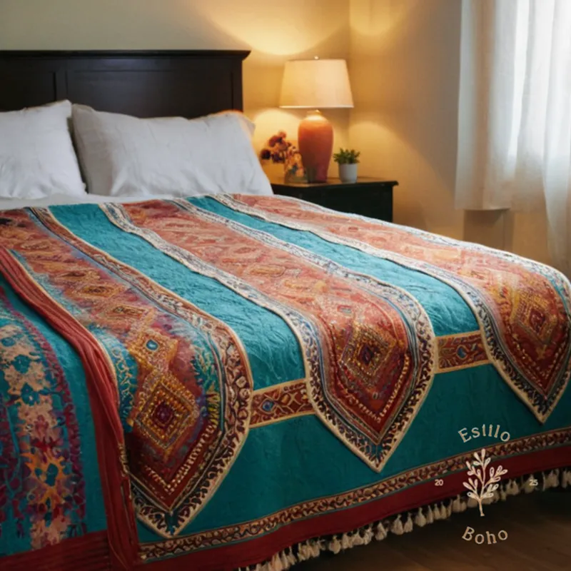 A bohemian throw blanket and allergy-relieved person snuggling.