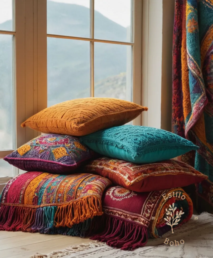 vibrant, colorful still life of a bohemian-inspired throw blanket and pillows.
