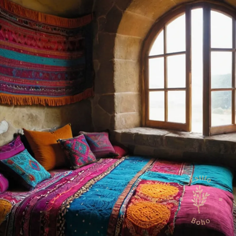 Colorful bohemian blankets and throw pillows in eclectic settings.