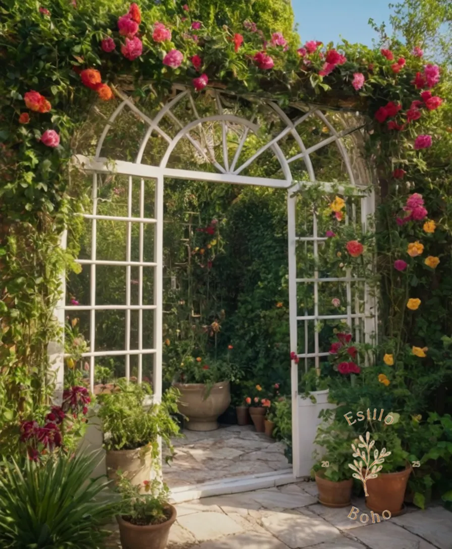 Vibrant bohemian garden setting, showcasing lush trellises or climbing plants.