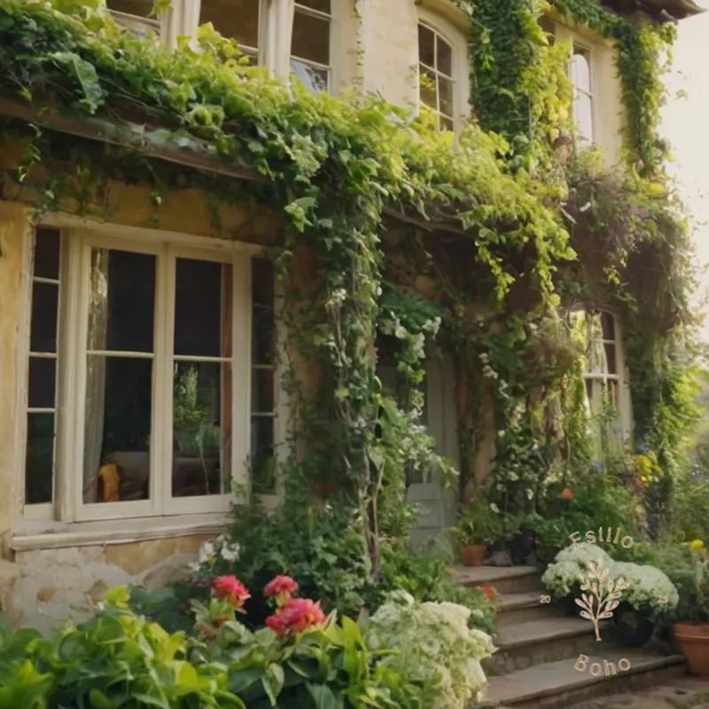 A thriving, bohemian-inspired garden with climbing vines.