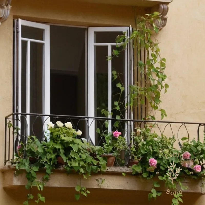 3-4 types of flowering vines on a small balcony.