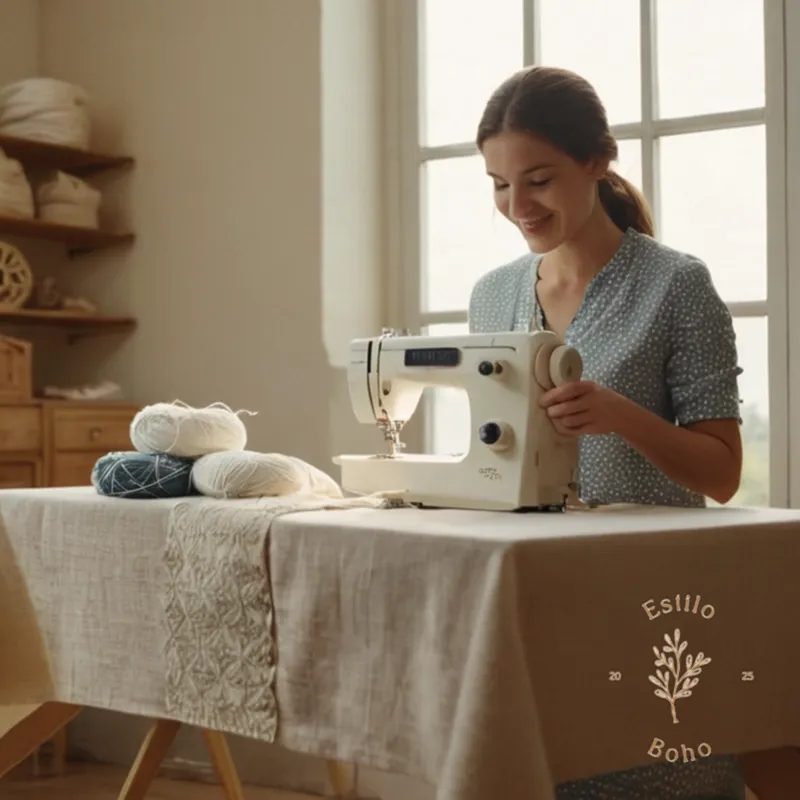 A person happily sewing with organic cotton fabrics nearby.