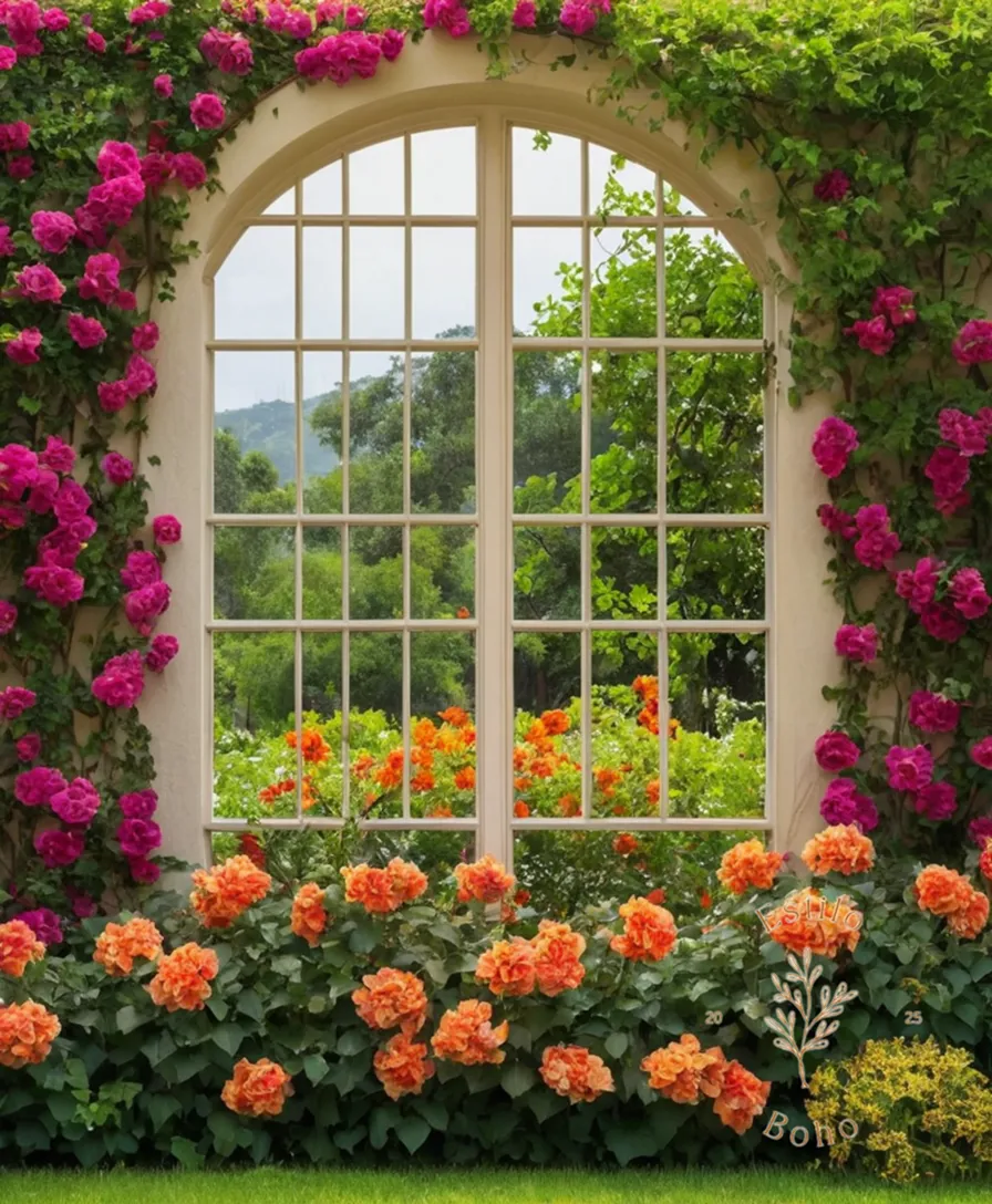 3 vibrant trellises blooming with exotic flowers and vines.