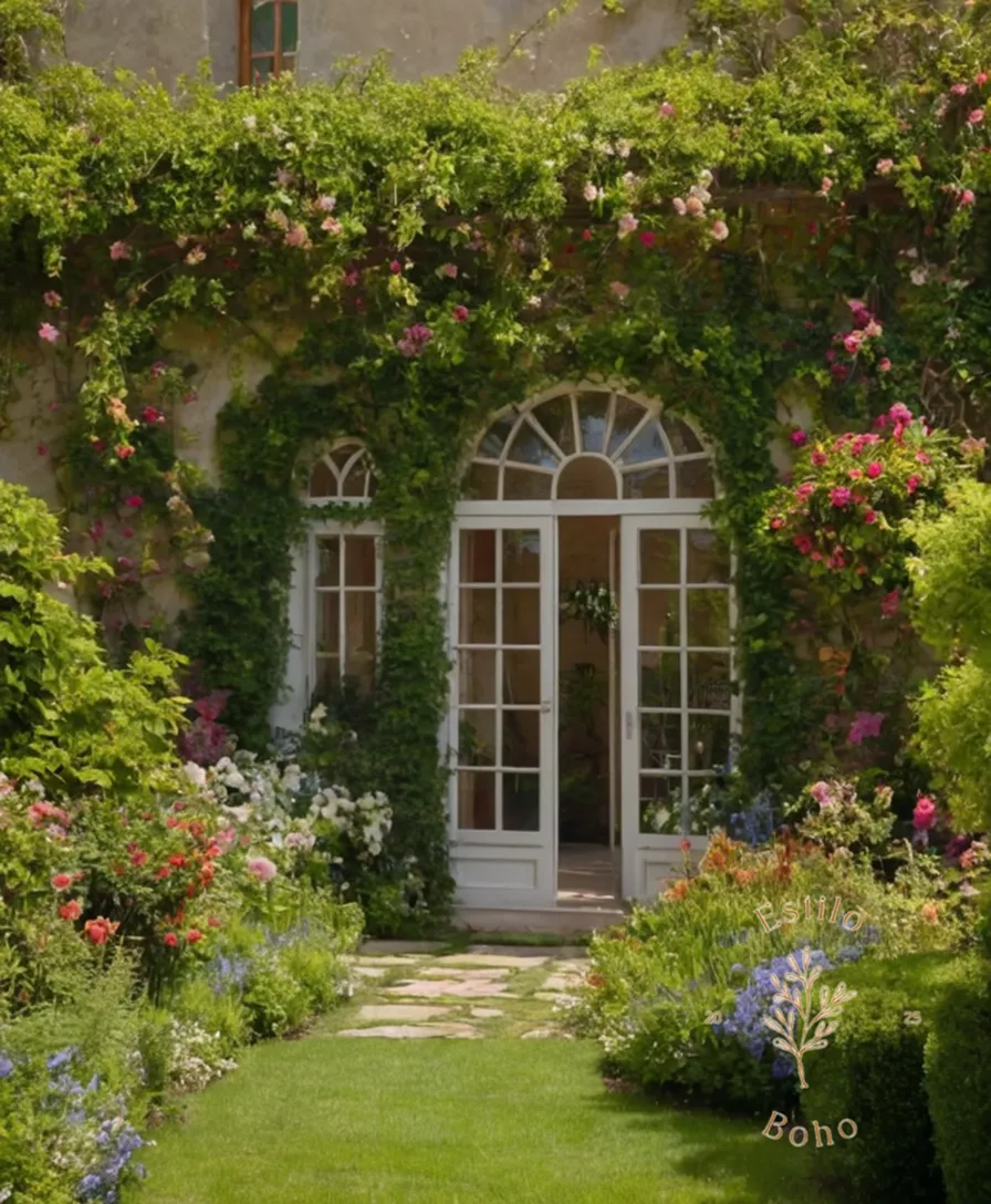 A lush garden with trellis covered buildings and blooming vines.