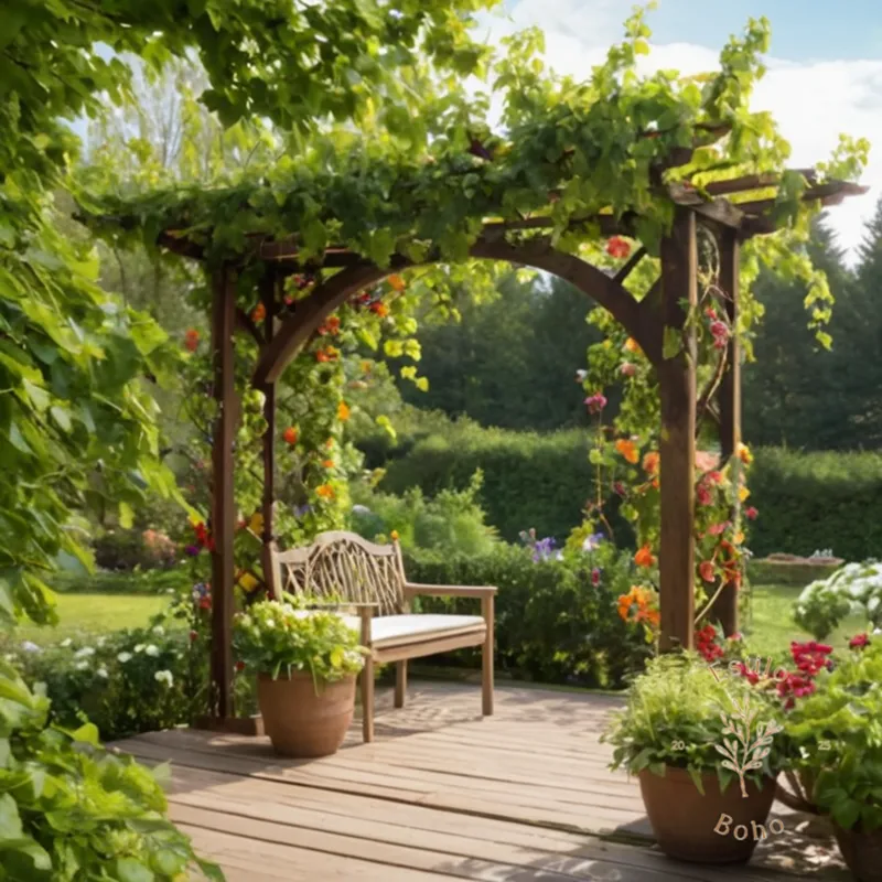 3-4 vibrant, flowering vines cascading from a wooden garden trellis.
