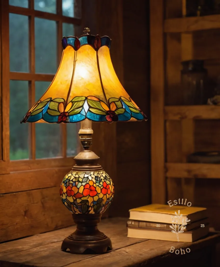 A colorful, rustic-looking lamp being made or displayed.