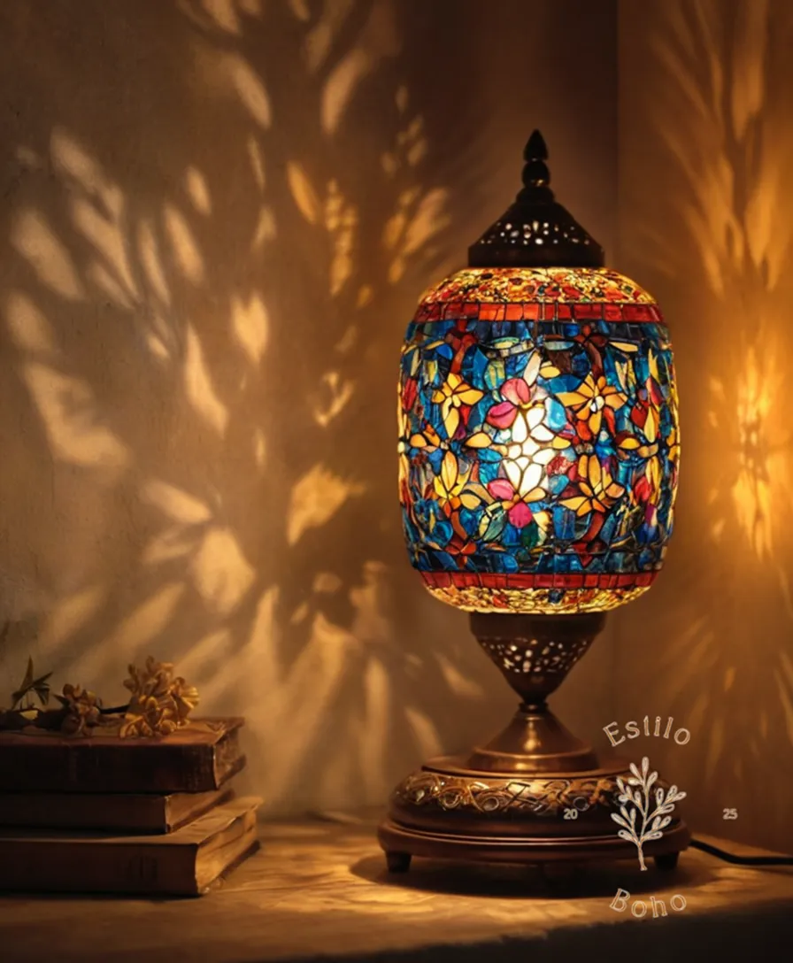 A trendy, handmade bohemian lamp on a rustic background.