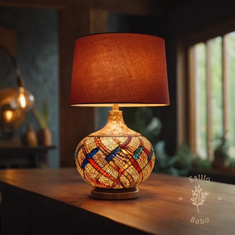 A stylish, bohemian-inspired lamp with various light bulb options nearby.