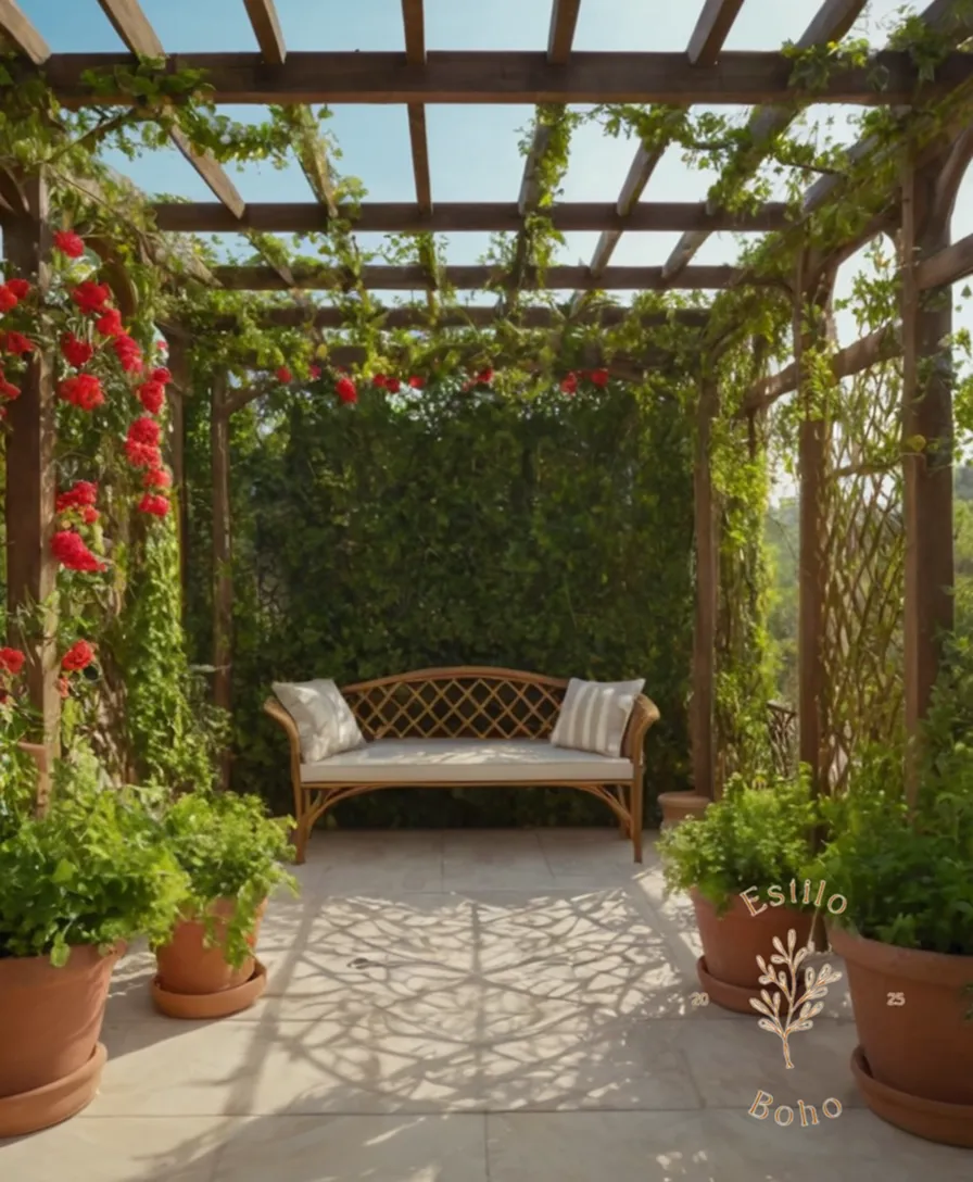A beautifully decorated pergola with trellising plants and garden elements.