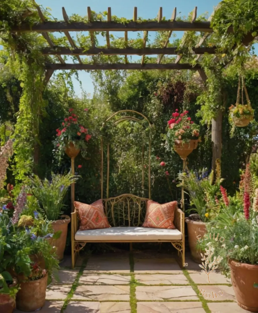 A beautiful, lush bohemian garden with a trellised pergola structure.