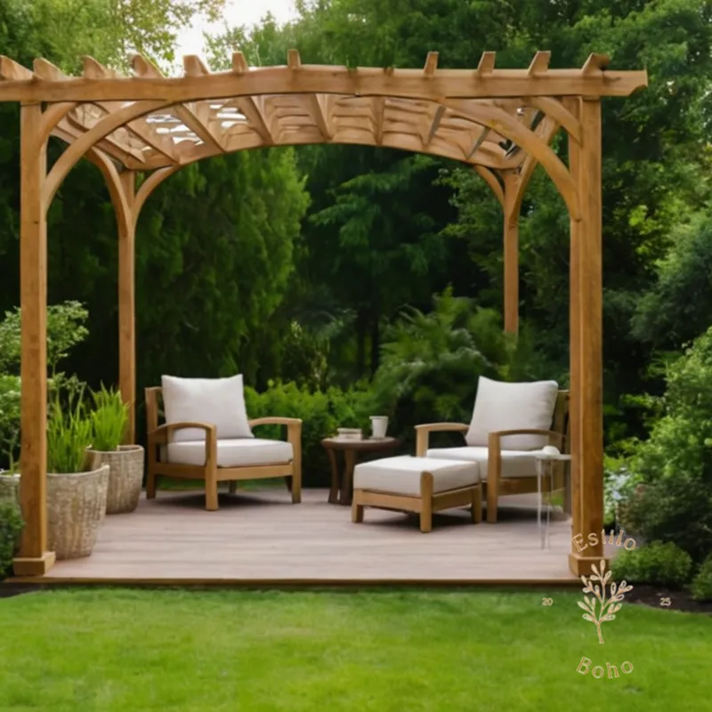 A sturdy, wooden arched pergola against a lush, green outdoor backdrop.
