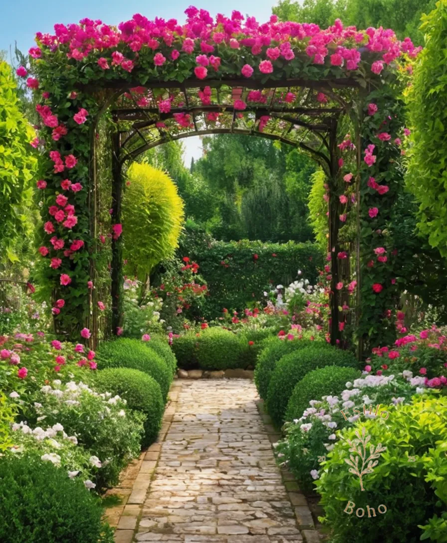 A lush, vibrant trellis garden in full bloom.