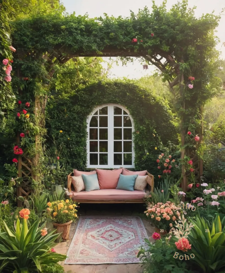 A lush, bohemian-style trellis garden with vibrant greenery and flowers.