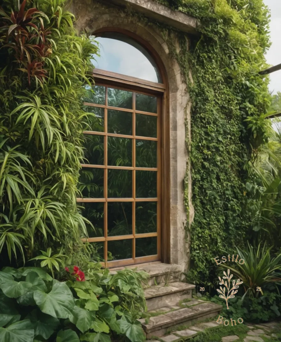 3 examples of overgrown, exotic climbing plants in a bohemian garden setting.