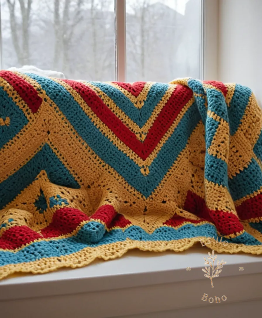 A colorful, handmade crochet blanket on a trendy home decor background.