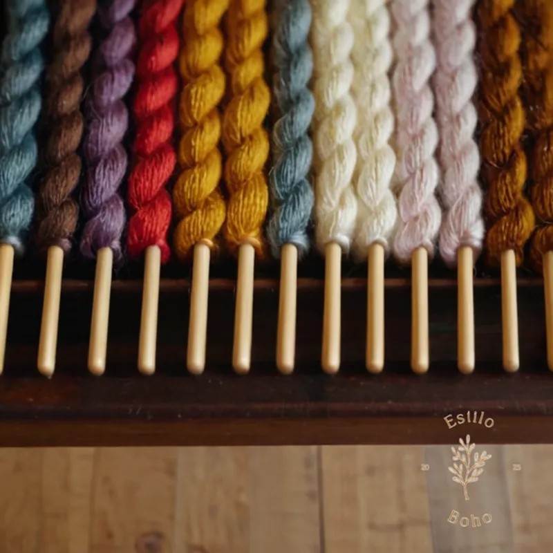 A colorful wooden loom or knitting needles with yarn.