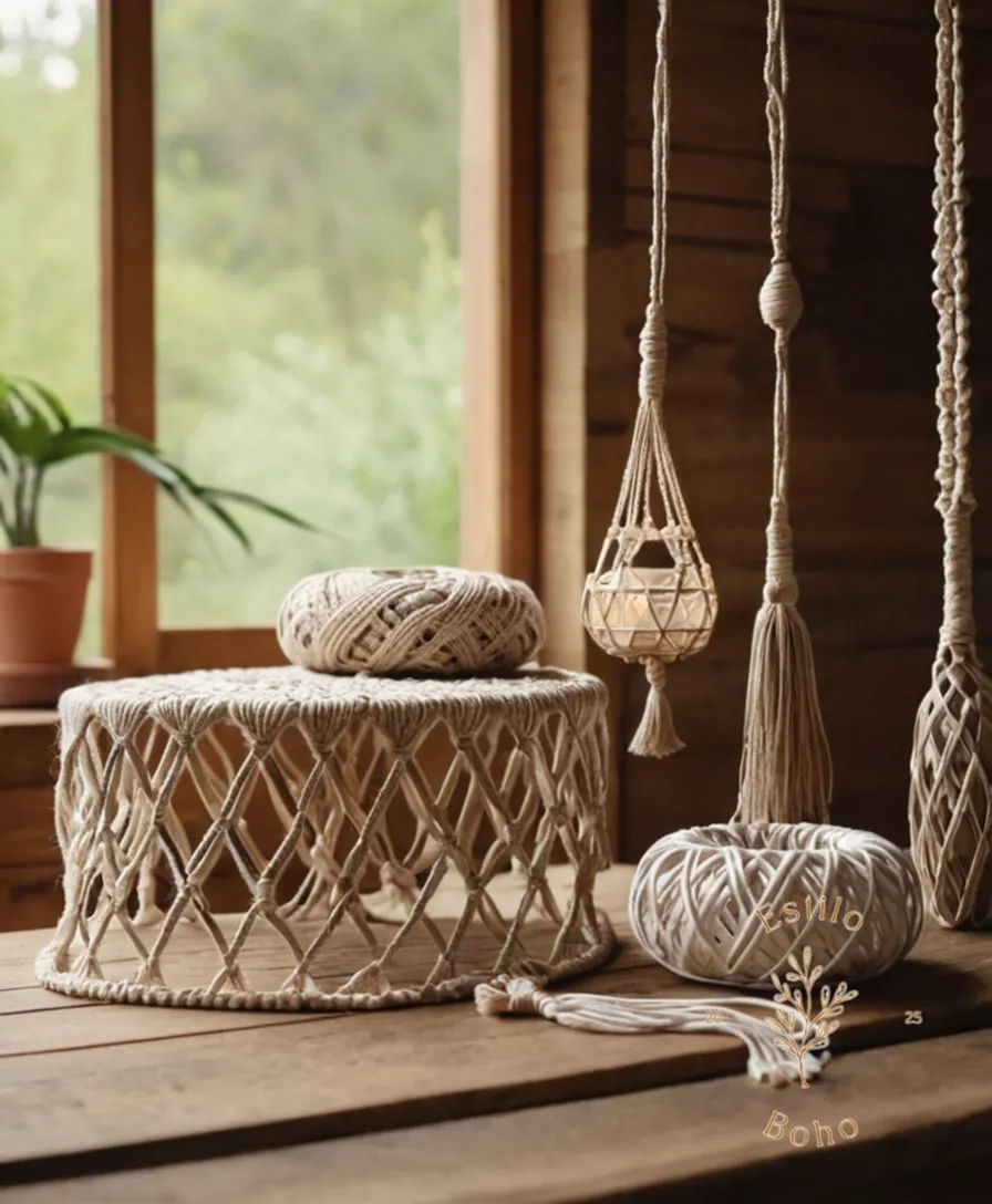 3 types of macramé items on a bohemian wooden table background.