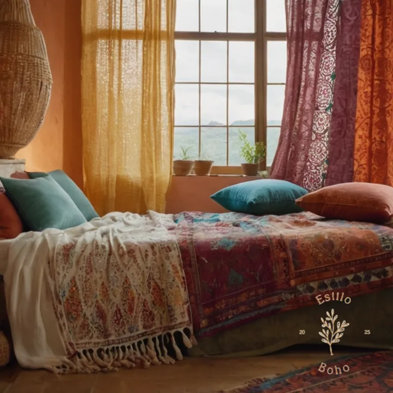 Organic soft cotton fabrics displayed on a colorful bohemian background.