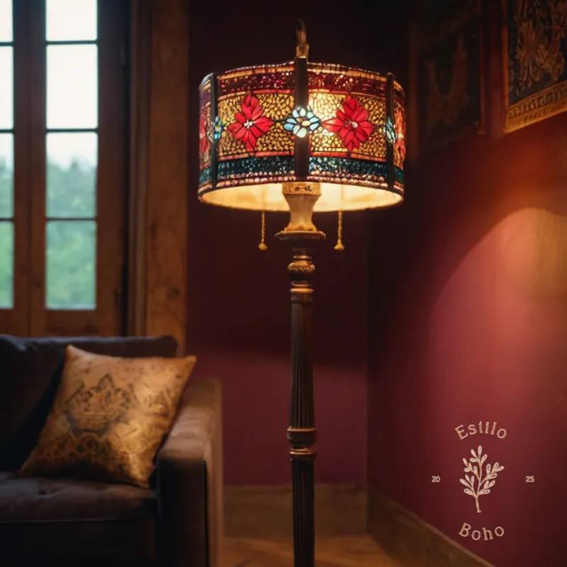 A stylish, bohemian-style floor lamp with unique light fixture.