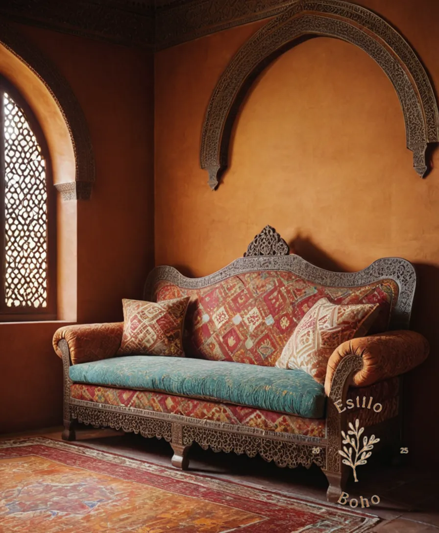 A stylized, ornate Moroccan-style sofa with bold patterns.