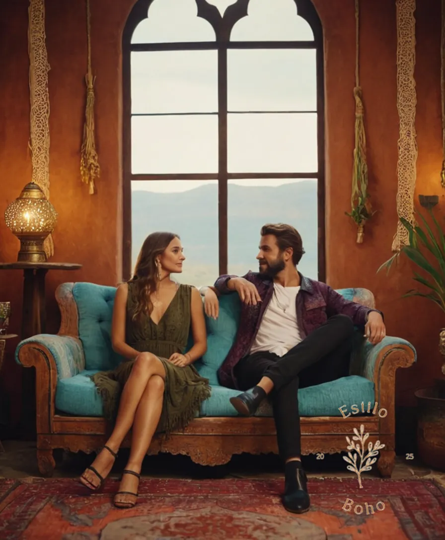 2 stylish people sitting on a bohemian Moroccan-style sofa.